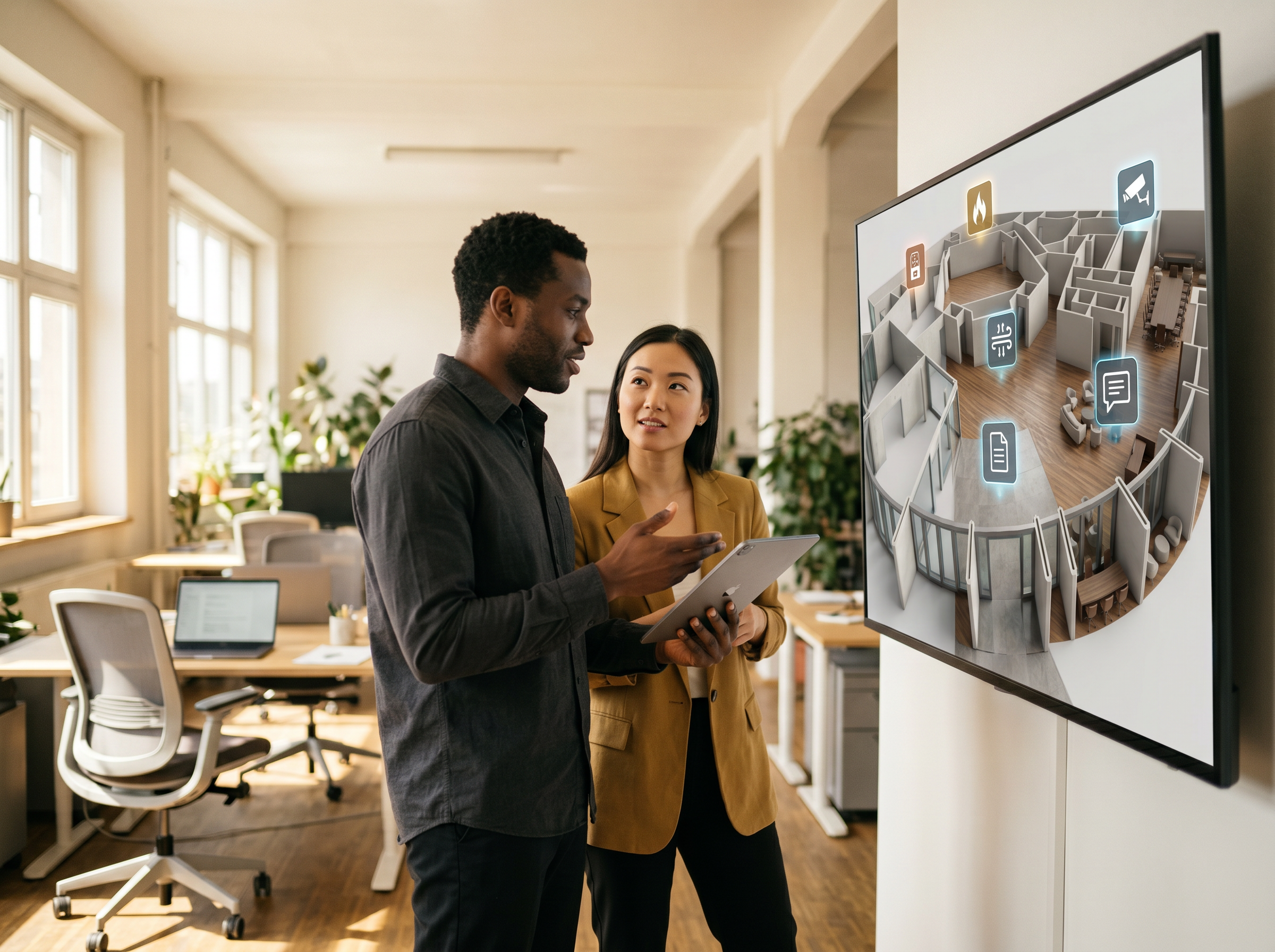BOOM team collaborating over building plans — warm, natural light